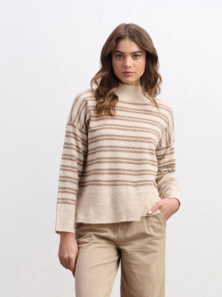 Mock Neck Sweater - Double Stripe Camel