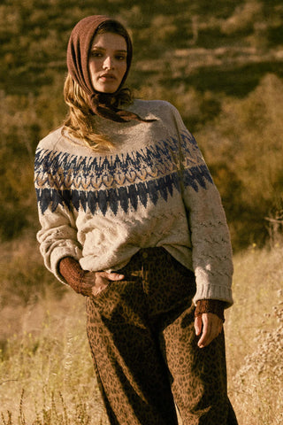 Misty Moors Fair Isle Cable Knit Sweater Oatmeal
