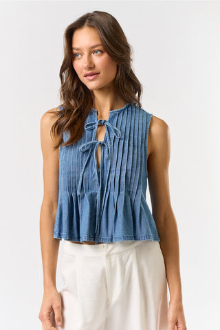 Denim Front Tie Pleated Top