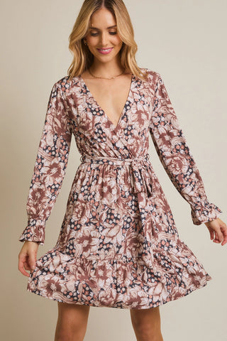 Surplice Long Sleeve Waist Tie Floral Mini Dress