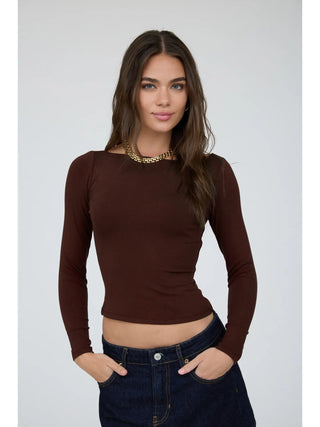 Boat Neck Long Sleeve Solid Knit Top /Brown