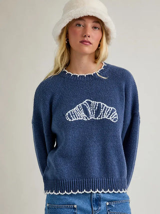 "Croissant" Stitching Oversized Sweater / Dusty Blue- Ivory
