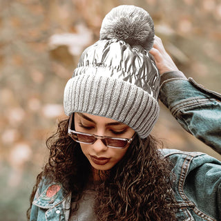 Fleece Lining Puffer Knit Pom Pom Beanie Hat / Silver