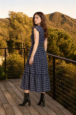 Plaid V Neck Smocked Tiered Midi Dress / Navy