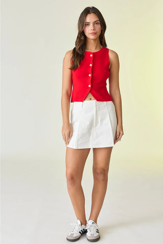 Audrey Sleeveless Button Up Top / Red