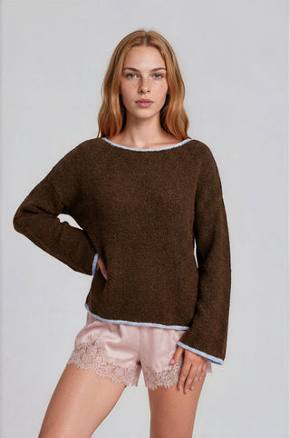 Boat Neck Contrast Trim Long Sleeve Knit Sweater / Chocolate Brown