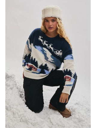 Long Sleeve Crew Neck Ski Village Graphic Sweater