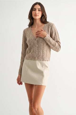 Scallop Hem Cable Knit Cardigan / Taupe