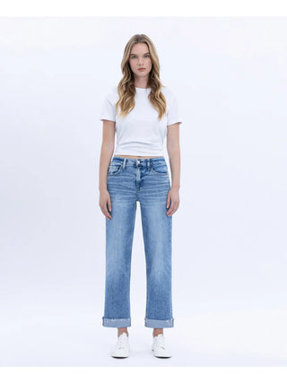 High Rise Cuffed Crop Straight Jeans