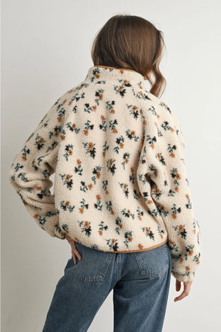 Floral Print Fluffy Fleece Jacket / Cream - Khaki