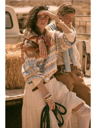 Fair Isle Knit Raglan-Sleeve Loose-Fit Mock-Neck Sweater /. Cream