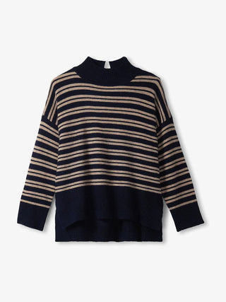 Mock Neck Sweater - Navy and Camel Stripe