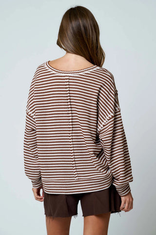 Stripe Split Neck Long Sleeve Seam Detail Knit Top / Brown