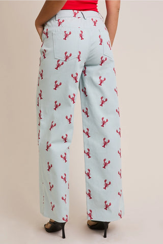 Mid-Rise Lobster Graphic Wide Leg Pants