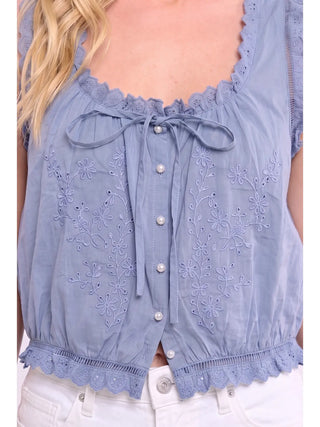 Embroidered Broderie Anglaise Cotton Top / Dusty Blue