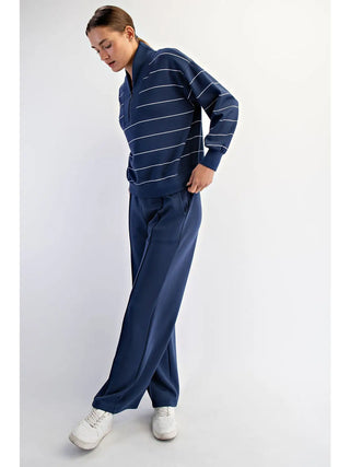 Modal Scuba Stripe V-Neck Jacket / Smoky Navy-Cream