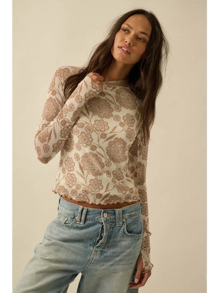 Floral-Print Mesh Mock-Neck Raglan Top / Cream
