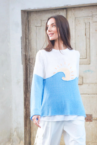 Sunrise Crew Cotton Sweater / White / Beach Sky