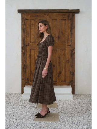 Plaid Shirred Puff Sleeve Front Tie Midi Dress