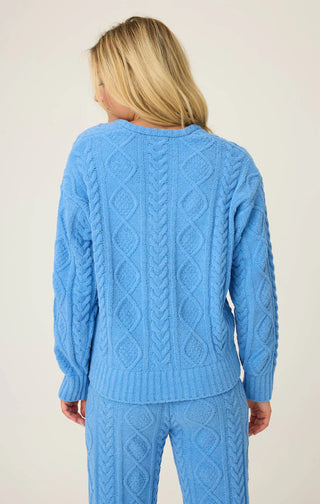 Solid V Neck Cable Knit Long Sleeve / Sea