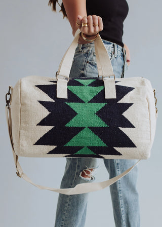 Cream, Navy & Green Aztec Duffel