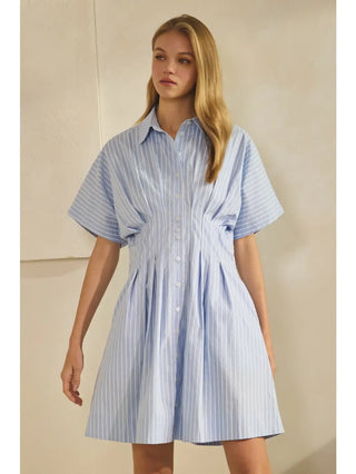 Striped Short-Sleeve Shirt Dress/Cotton Blue