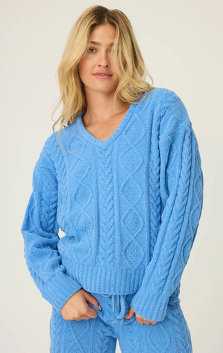 Solid V Neck Cable Knit Long Sleeve / Sea