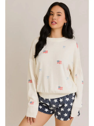 "USA Flag with Bow" Print Long Sleeve Crew Neck Sweater