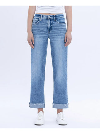 High Rise Cuffed Crop Straight Jeans
