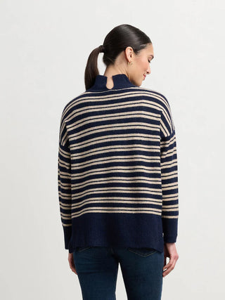 Mock Neck Sweater - Navy and Camel Stripe