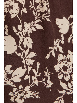 V-Neck Front Tie Long Sleeve Flare Hem Floral Top / Brown-Cream