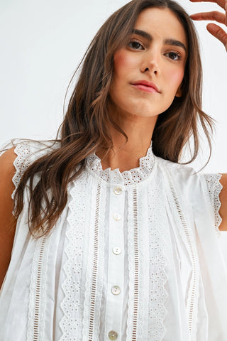 Broderie Anglaise Sleeveless Cotton Blouse / White