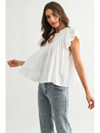 Flutter Sleeve Gathered Neck Detail Blouse / White