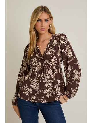 V-Neck Front Tie Long Sleeve Flare Hem Floral Top / Brown-Cream