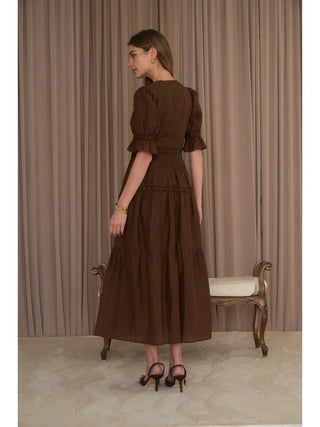 Sweetheart Neck Tiered Lace Trim Midi Dress / Chocolate