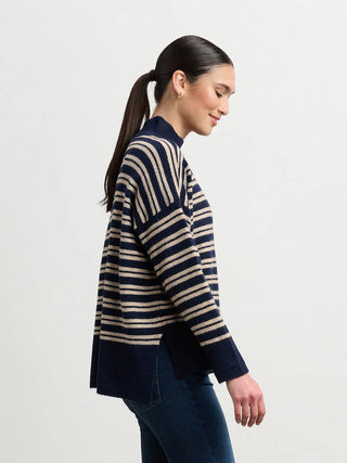 Mock Neck Sweater - Navy and Camel Stripe