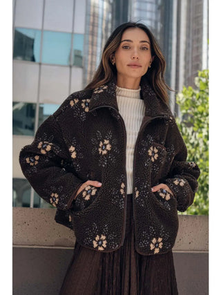 Floral-Print Sherpa Fleece Zip-Up Pocket Jacket /Choclate