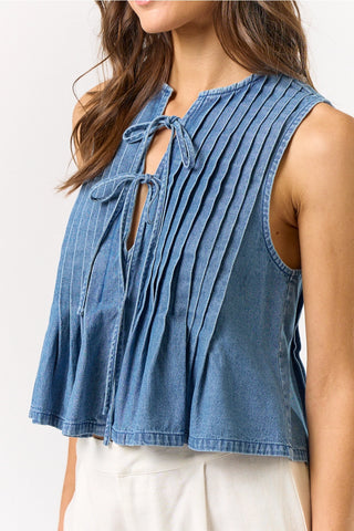 Denim Front Tie Pleated Top