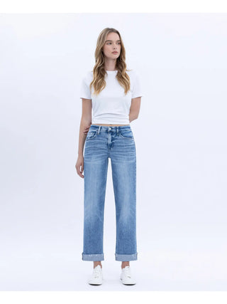 High Rise Cuffed Crop Straight Jeans