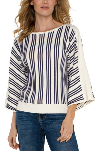 3/4 Dolman Sleeve Sweater | Cream Navy Stripe