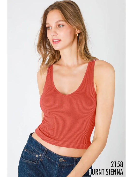 Load image into Gallery viewer, V Neck Ribbed Crop Top Burnt Sienna
