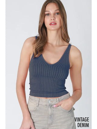 Vintage Wide Ribbed V Neck Denim
