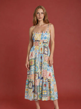 Positano Motif Spaghetti Strap Side Strap Midi Dre