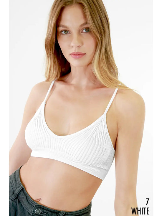 Ribbed V-Neck Bralette / White