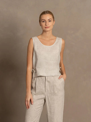 Stone Green Linen Crop Top with Side Ribbon Audrey Natural