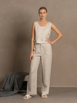 Stone Green Linen Crop Top with Side Ribbon Audrey Natural