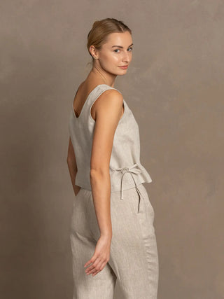 Stone Green Linen Crop Top with Side Ribbon Audrey Natural