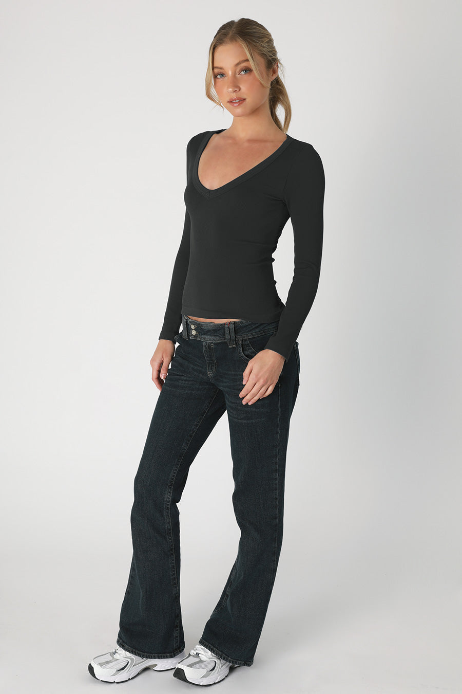 Deep V-Neck Long Sleeved Top | Black