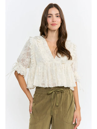 Sheer Embroidered Ruffle Blouse