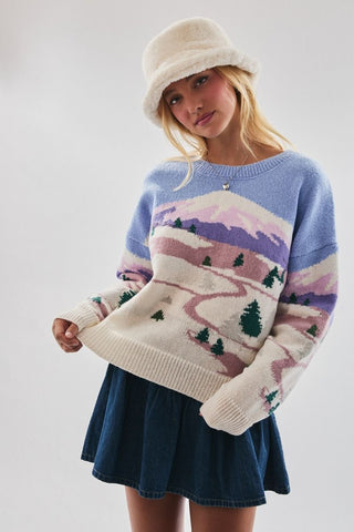 Long Sleeve Crew Neck Snow Mountain Graphic Sweater